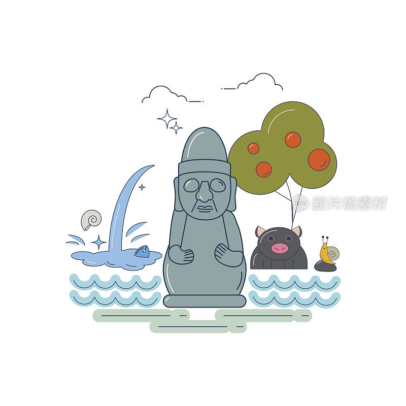 线条艺术风格的矢量插图的济州岛符号:石祖父(dol hareubang)，济州岛黑猪，蜗牛，柿子树和瀑布。